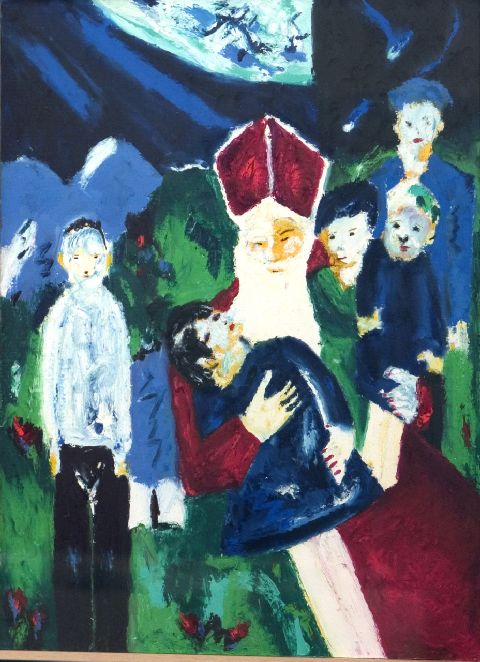 San Nicola e i bambini n. 6, santa Klaus e i bambini (dipinto) di Barbe Pascal (fine/ inizio secc. XX/ XXI)