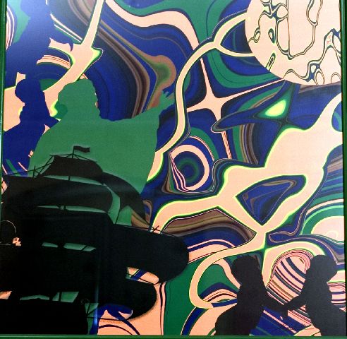 Il cosmo polisenso del mito: il padre che genera la vita, San Nicola e la caravella su sfondo astratto (dipinto) di Leonetti Gioacchino (sec. XXI)