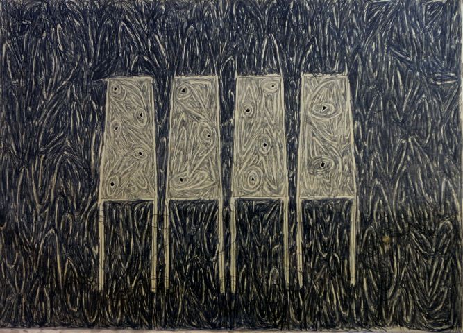 Tavoli, composizione astratta (dipinto) di Fanelli Gaetano (sec. XX)