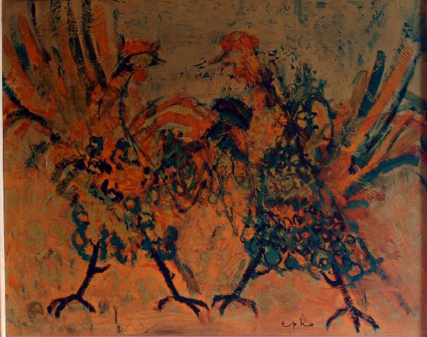 Combattimento di galli, combattimento di due galli (dipinto) di Epko Willering (seconda metà sec. XX)