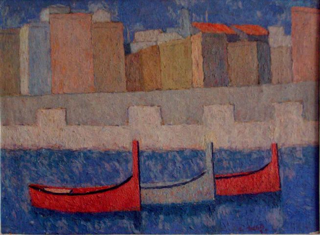 Barche, Caseggiato con barche (dipinto) di Mileto Silvestro (sec. XX)