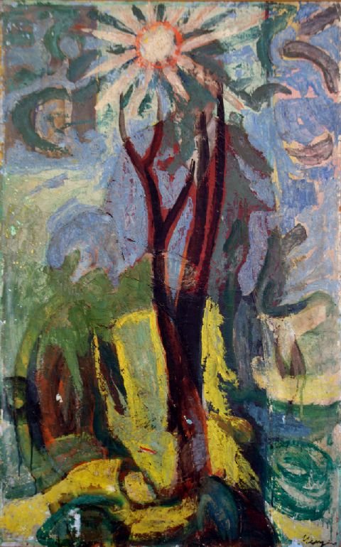 Paesaggio naturale, albero e sole (dipinto) di Nengio (seconda metà sec. XX)