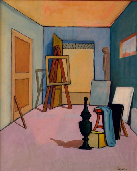 Lo studio (interno), vista interna di uno studio (dipinto) di Chyurlia Ugo (sec. XX)