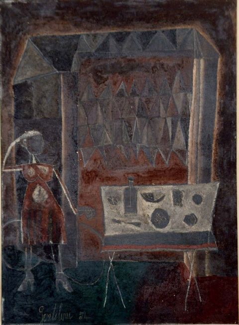 La casa nera, donna con bicicletta e tavola imbandita (dipinto) di Gentilini Franco (sec. XX)