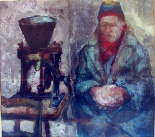 Mastro Peppe, artigiano seduto accanto ai suoi strumenti di lavoro (dipinto) di Prayer Tony (sec. XX)