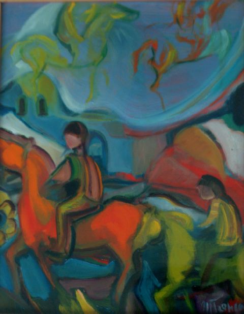 La cavalcata, uomo a cavallo (dipinto) di Troncone Mario (seconda metà sec. XX)