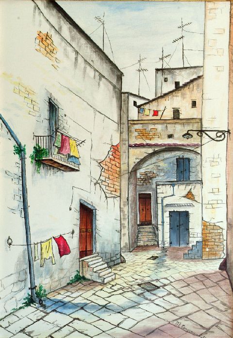 Vicolo, scorcio borgo antico (dipinto) di Conversano Michele (sec. XXI)