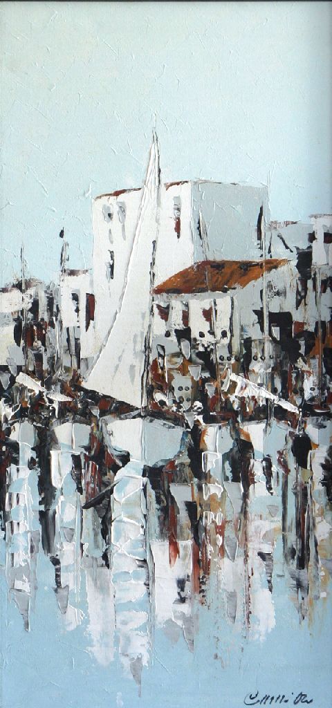 Marina, paesaggio con barche (dipinto) di Casabibari (sec. XXI)