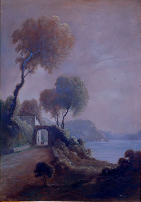 Paesaggio lacustre, paesaggio arcadico (dipinto) di Tassinari (prima metà sec. XX)