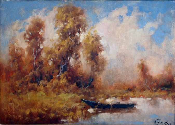 Paesaggio lacustre con barca, barca sul lago (dipinto) di Gress (seconda metà sec. XX)