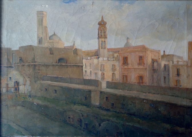 Dagli spalti del castello, spalti del castello (dipinto) di De Giosa Michele (sec. XX)