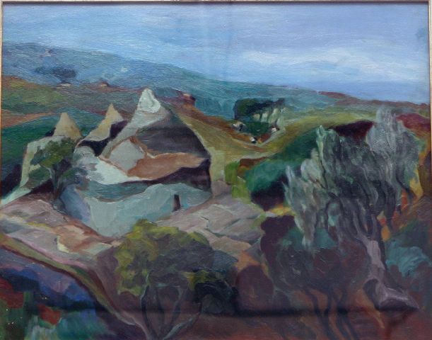 Paesaggio con trulli, paesaggio pugliese con trulli (dipinto) di De Ruvo Anna (seconda metà sec. XX)