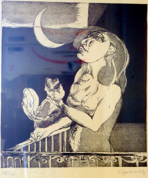 Nudo di donna sul balcone, donna con gallo (stampa) di Gueniulis C (seconda metà sec. XX)