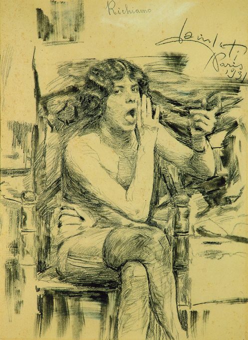 richiamo, figura femminile seduta (disegno) di Laudati Raffaele (sec. XX)