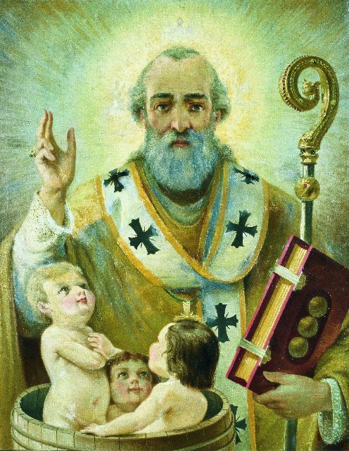 San Nicola di Bari resuscita i tre fanciulli (dipinto) di Mascialino Nicola (attribuito) (sec. XX)