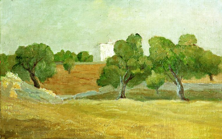 alberi con masseria (dipinto) di Bianchi Damaso (secc. XIX/ XX)