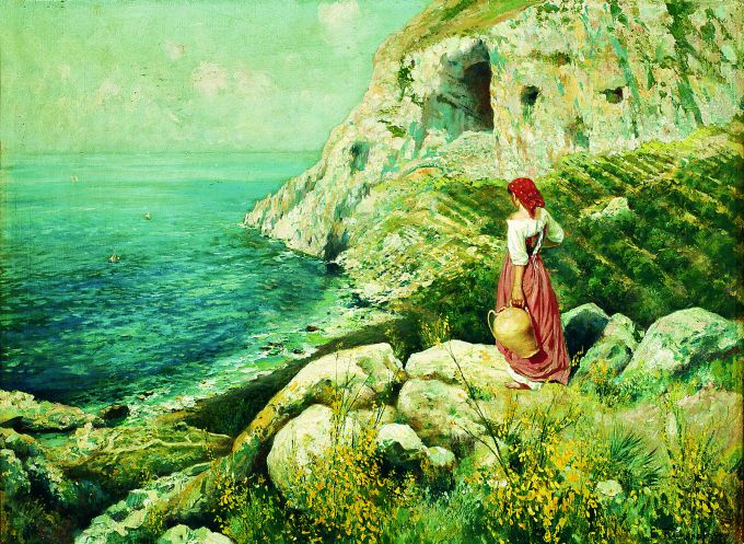 contadina al mare (dipinto) di Raimondi Elviro (sec. XX)