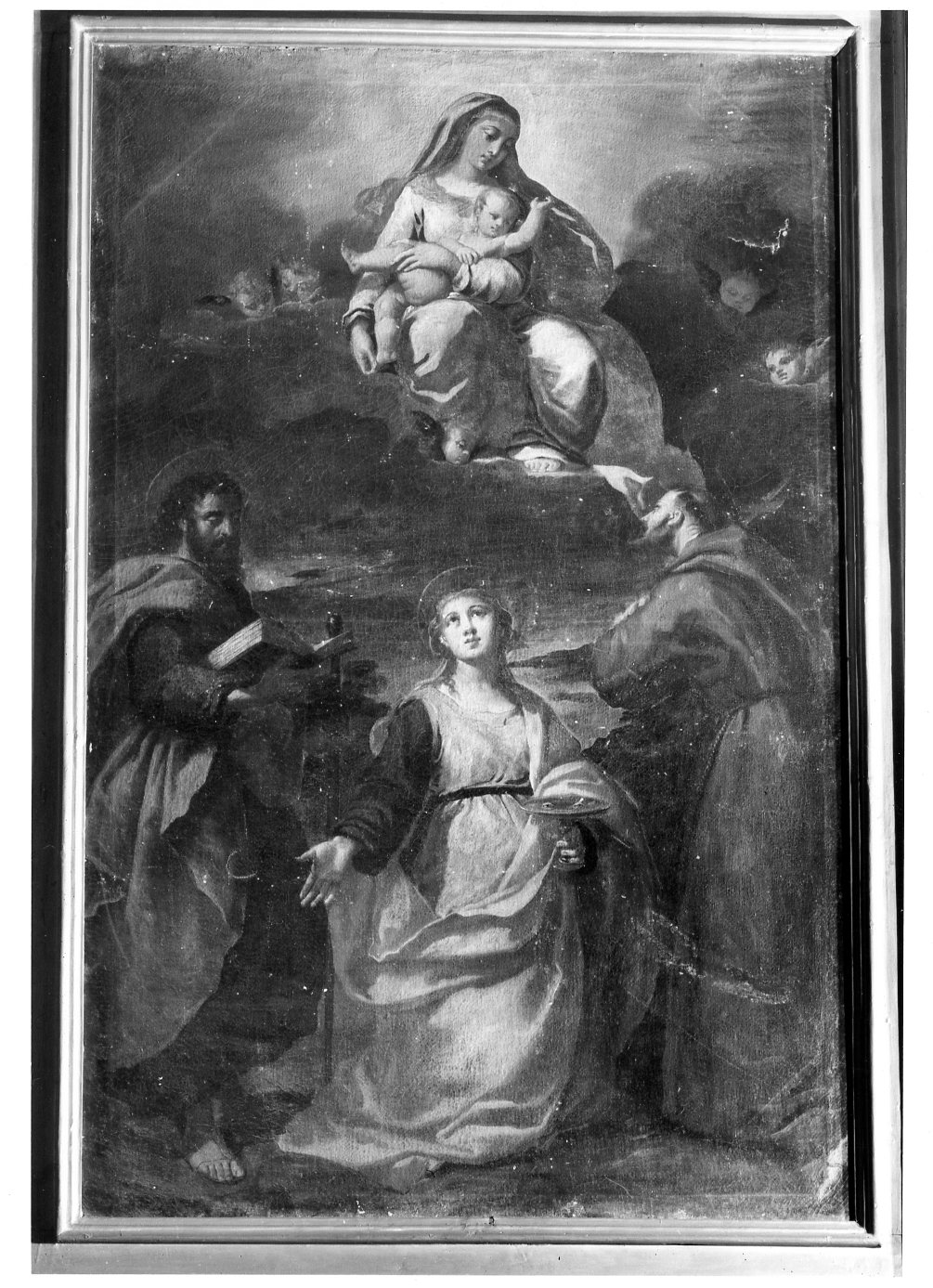 Madonna con Bambino in gloria con San Paolo, Santa Lucia e San Francesco d'Assisi (dipinto, pendant) di Scarsella Ippolito detto Scarsellino (fine sec. XVI)