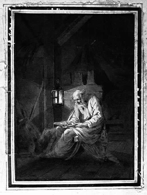 interno con figura di vecchio che scrive (disegno) di Hoid Claude Jean-Baptiste (fine/ inizio secc. XVIII/ XIX)