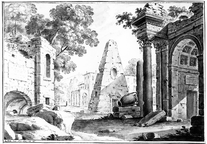 paesaggio con rovine (disegno) di Nave Alessandro dalla (sec. XIX)