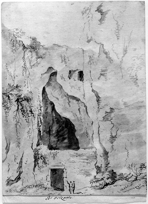 paesaggio con due uomini davanti ad un portale (disegno) di Van Bloemen Jan Frans detto Orizzonte (primo quarto sec. XVIII)