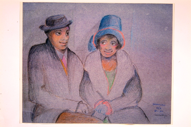 Dimanche, uomo e donna seduti nella metropolitana (disegno) di Wood Beatrice (sec. XX)