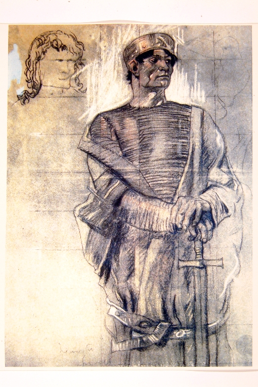 soldato in costume medievale (disegno) di Brangwyn Frank (fine sec. XIX)
