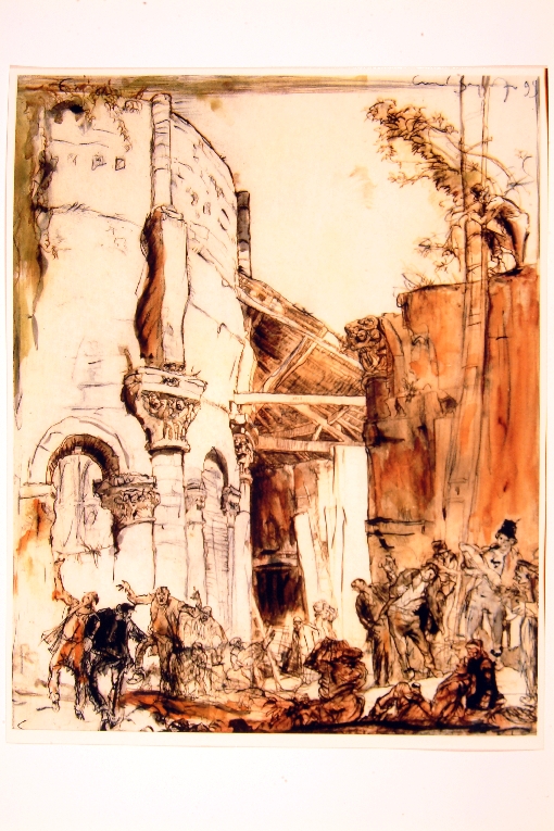 suonatori e bevitori davanti alle rovine di una chiesa (disegno) di Brangwyn Frank (sec. XIX)