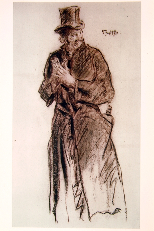 uomo con cilindro e fiasca nella tasca (disegno) di Brangwyn Frank (sec. XX)