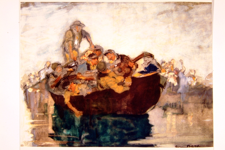 gruppo di uomini in barca (disegno) di Brangwyn Frank (sec. XIX)