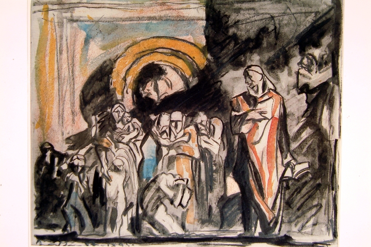 fedeli e sacerdote (disegno) di Brangwyn Frank (sec. XIX)