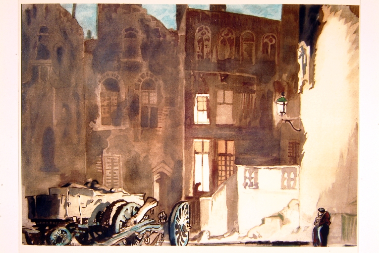 veduta urbana con carro e amanti (disegno) di Brangwyn Frank (sec. XIX)