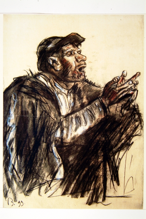 uomo con cappello a visiera (disegno) di Brangwyn Frank (sec. XIX)
