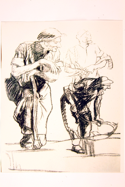 tre studi di uomo con zappa (disegno) di Brangwyn Frank (fine sec. XIX)