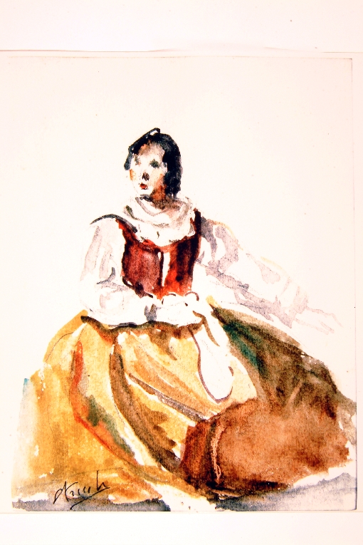 donna con corpetto rosso (disegno) di Striccoli Carlo (metà sec. XX)