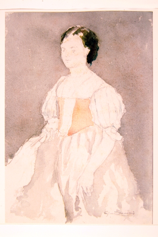 donna con corpetto arancione (disegno) di Brancaccio Giovanni (metà sec. XX)