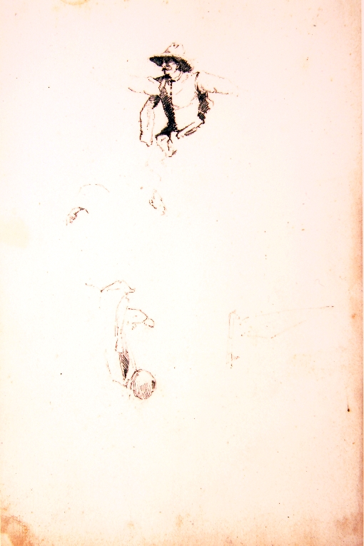 studi di barca a vela, uomo in barca e uomo con cappello a falde (disegno) di Piccinni Antonio (ultimo quarto sec. XIX)
