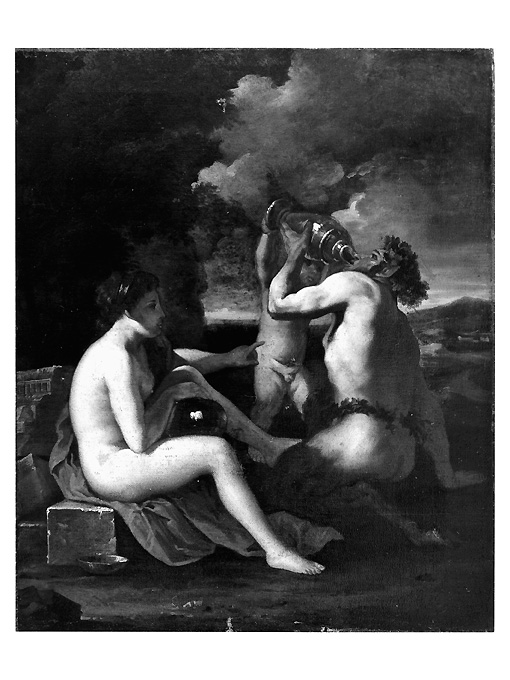 ninfa e satiro che beve (dipinto) di Poussin Nicolas - ambito romano (sec. XVII)