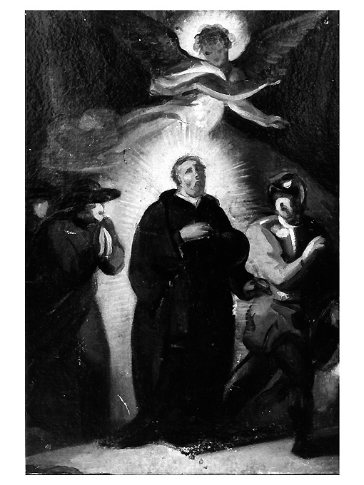 santo gesuita con angelo e soldato (dipinto) - ambito emiliano (fine/ inizio secc. XVIII/ XIX)
