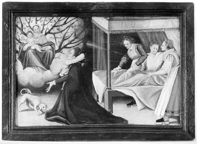 scena di miracolo con apparizione della Madonna ad una donna (dipinto) - ambito bergamasco (sec. XVI)