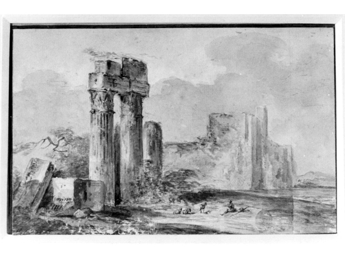 paesaggio con rovine e pastore (dipinto) di Robert Hubert (sec. XVIII)