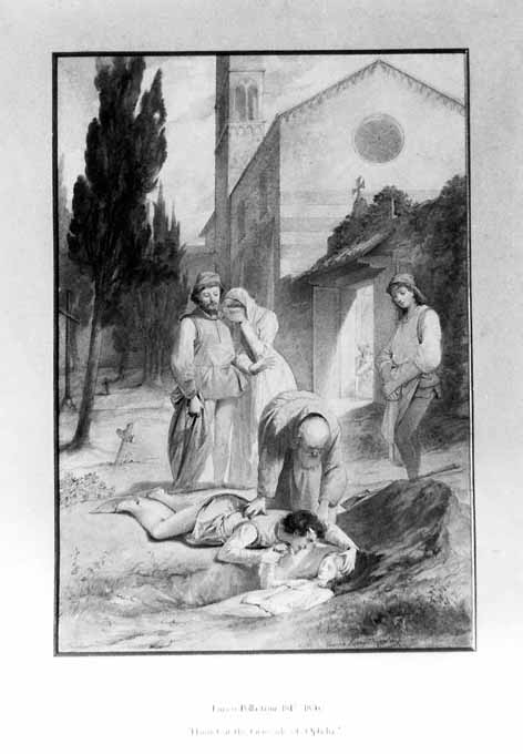 Amleto al seppellimento di Ofelia (dipinto) di Pollastrini Enrico (metà sec. XIX)