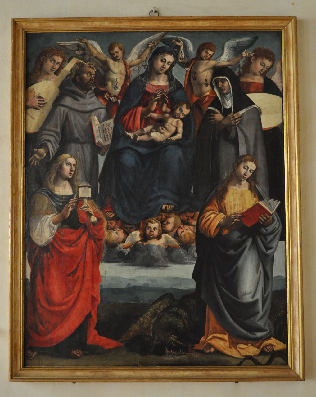 Madonna col Bambino in gloria tra angeli e santi, Madonna col Bambino e i santi Francesco, Chiara, Margherita, Maria Maddalena e quattro angeli (dipinto) di Luca d'Egidio di Ventura detto Luca Signorelli, Francesco Signorelli - ambito toscano (primo quarto sec. XVI)