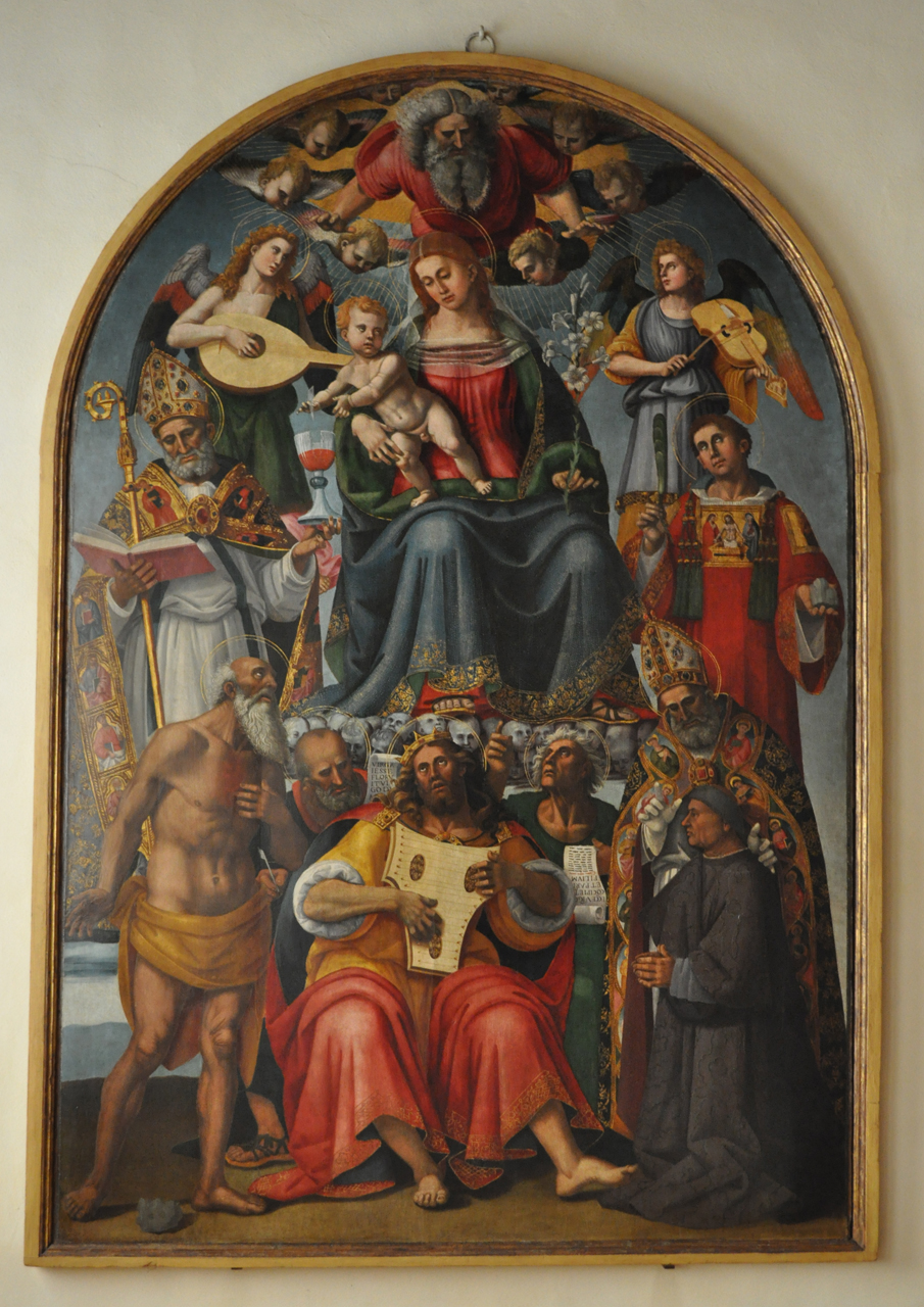 Madonna col Bambino e i Santi Donato, Stefano, Girolamo, Nicola di Bari, i profeti Davide, Ezechiele, e Isaia e Niccolò Gamurrini, Madonna col Bambino, Santi e profeti e il committente Niccolò Gamurrini (dipinto) di Luca d'Egidio di Ventura detto Luca Signorelli, Francesco Signorelli - ambito toscano (primo quarto sec. XVI)