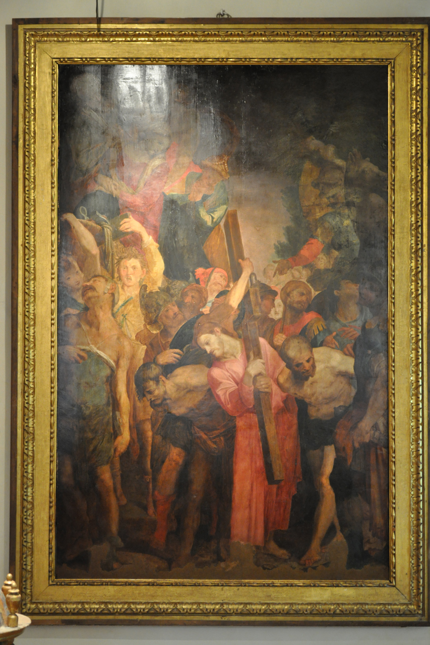 Salita al calvario, Cristo aiutato da Simone il Cireneo a portare la croce (dipinto) di Bernardino Barbatelli detto Poccetti - ambito toscano (ultimo quarto sec. XVI)