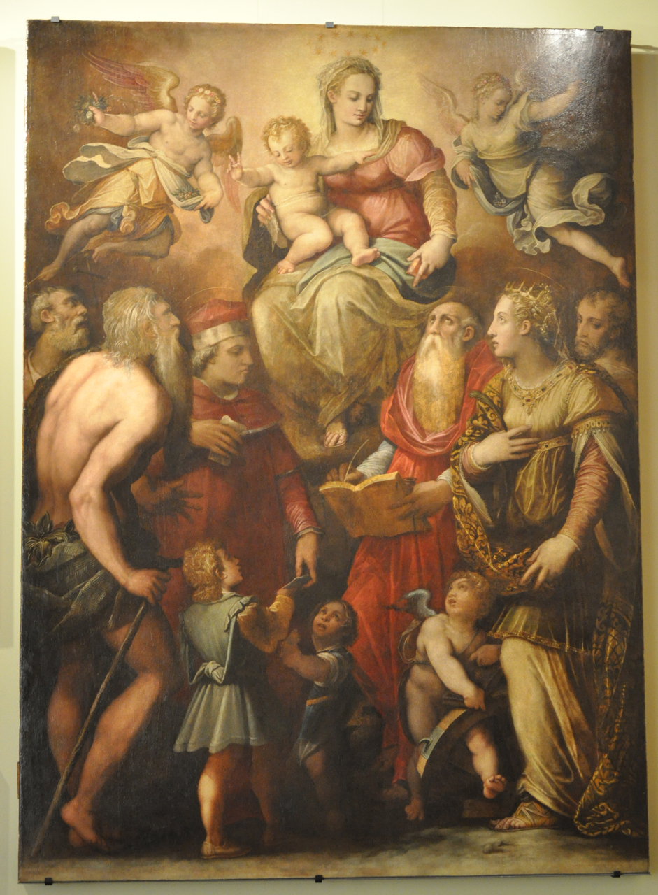 Madonna in Gloria fra i Santi Onofrio, Caterina, Girolamo, Ivo di Bretagna, Jacopo e Filippo, Madonna in Gloria fra i Santi Onofrio, Caterina, Girolamo, Ivo di Bretagna, Jacopo e Filippo; ai lati i Santi Giovanni Battista e Paolo e i ritratti dei committenti (dipinto, elemento d'insieme) di Giorgio Vasari, Zucchi Jacopo (e aiuti) (terzo quarto sec. XVI)