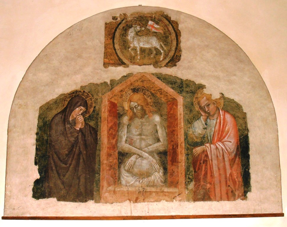 Pietà con l'Agnello Mistico tra la Vergine e san Giovanni, Pietà con l'Agnello Mistico tra la Vergine e san Giovanni (dipinto - affresco, frammento) - ambito aretino (seconda metà XIV)