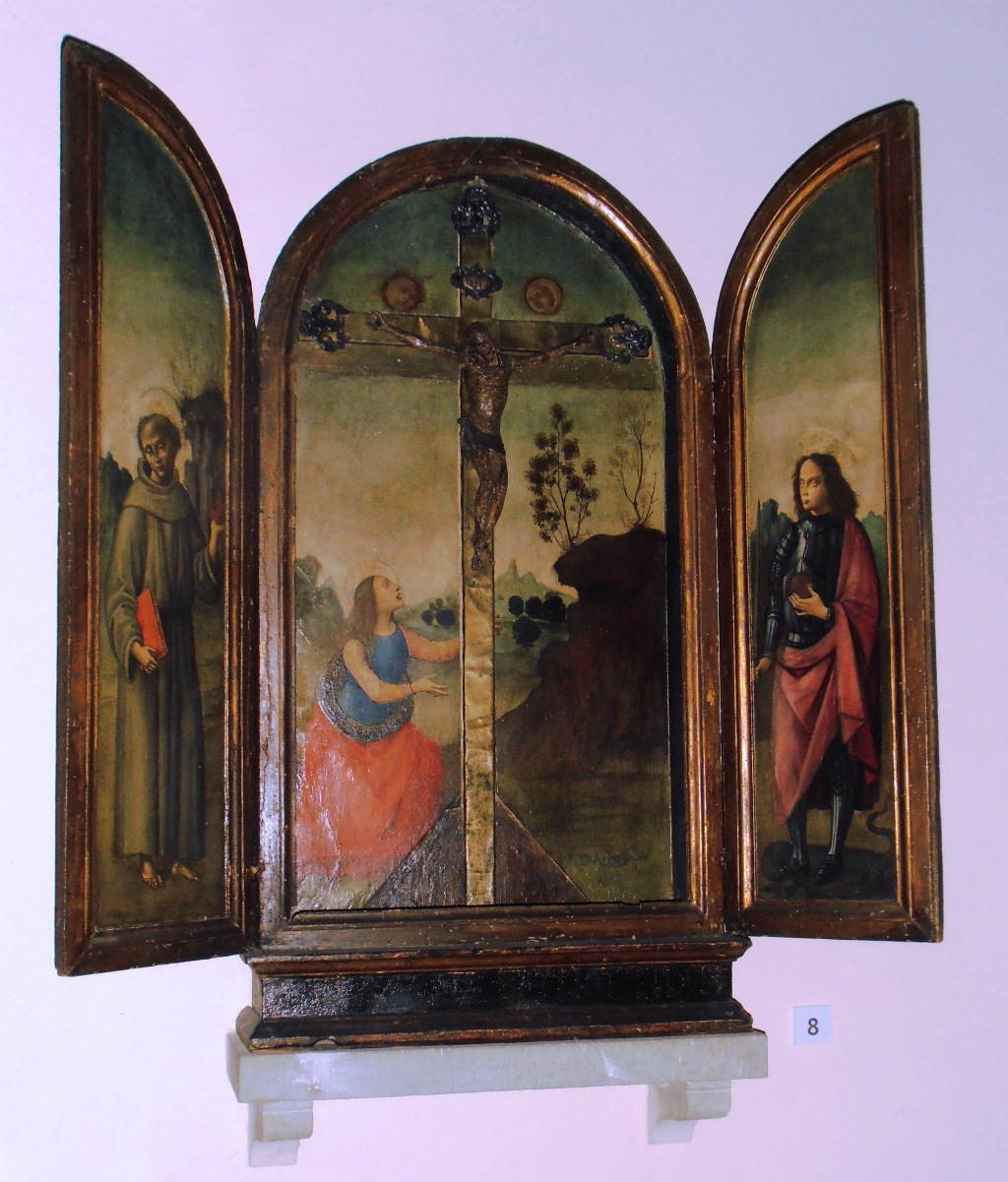 Cristo crocifisso con la Maddalena e i santi Giorgio e Antonio, Cristo crocifisso con la Maddalena e i santi Giorgio e Antonio (dipinto - tabernacolo, opera isolata) di Bartolomeo di Giovanni (attribuito) (XV)