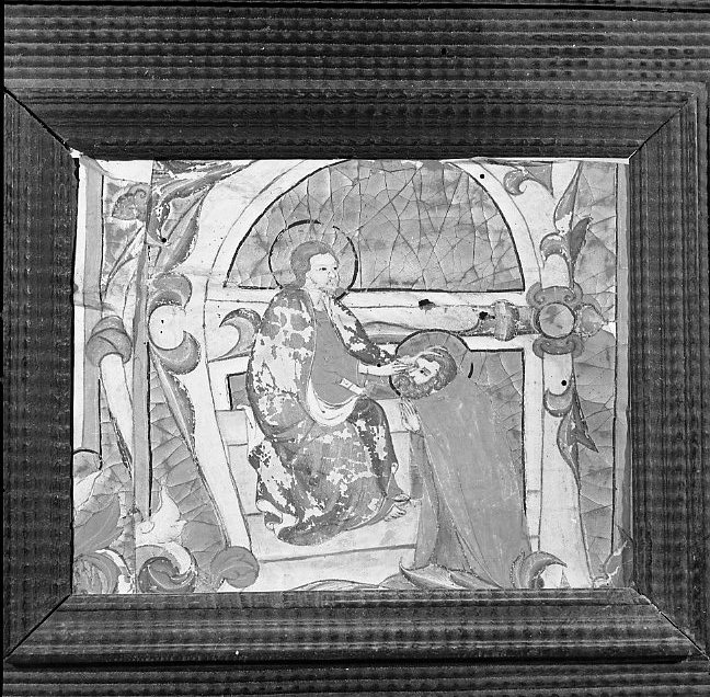 Cristo con Santo inginocchiato, lettera "A" (miniatura, frammento) di Maestro dello statuto (attribuito) (prima metà sec. XIV)