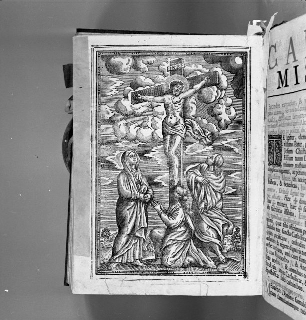 Cristo crocifisso con la Madonna e San Giovanni Evangelista (stampa) - ambito veneziano (sec. XVIII)